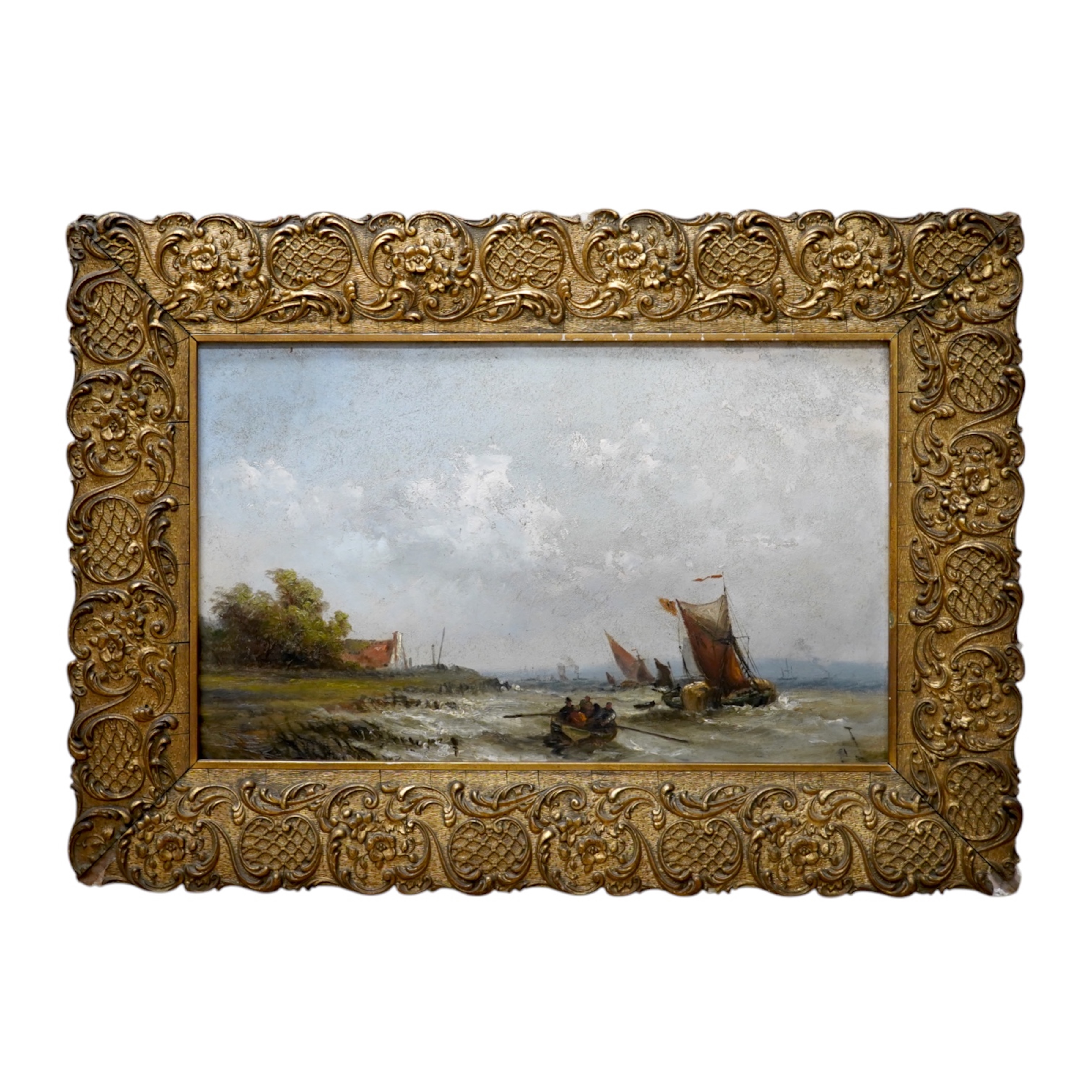 English School, c.1900, oil on board, Fishing boats off the coast, unsigned, 28 x 45cm, ornate gilt framed. Condition - poor to fair